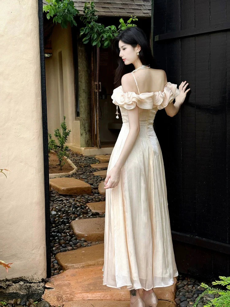Elegant A-Line Off-the-Shoulder Ruffled Apricot Maxi Prom Dress