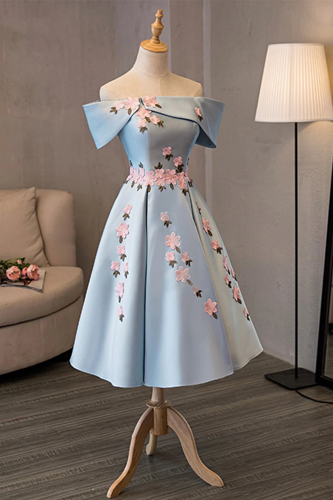 Elegant A-Line Off-the-Shoulder Satin Light Blue Tea-Length Homecoming Dress