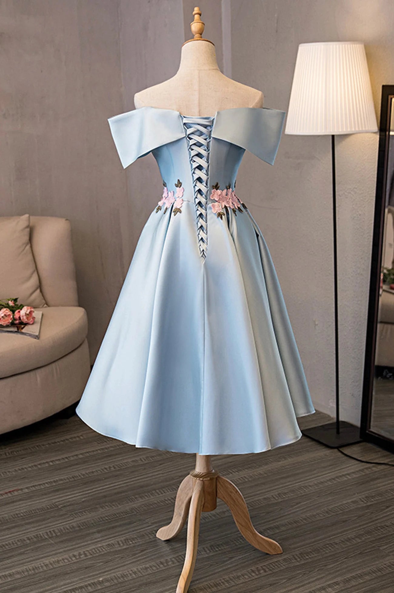 Elegant A-Line Off-the-Shoulder Satin Light Blue Tea-Length Homecoming Dress