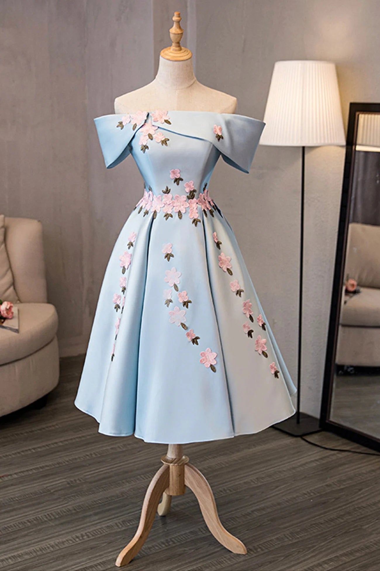 Elegant A-Line Off-the-Shoulder Satin Light Blue Tea-Length Homecoming Dress