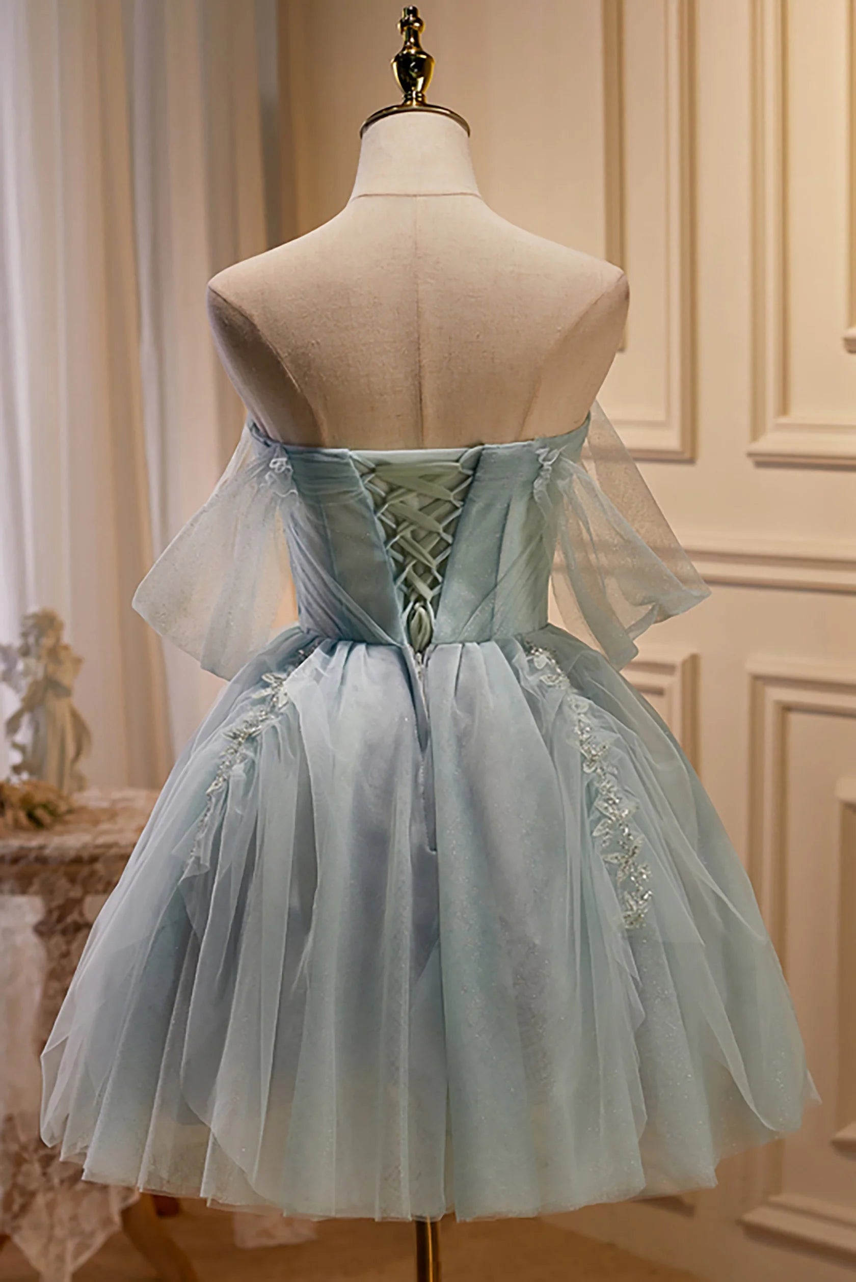 Elegant A-Line Off-the-Shoulder Tulle Light Blue Mini Homecoming Dress
