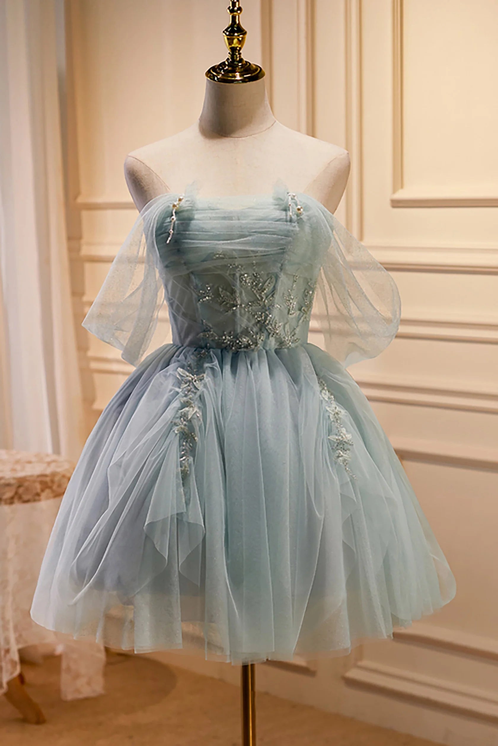 Elegant A-Line Off-the-Shoulder Tulle Light Blue Mini Homecoming Dress
