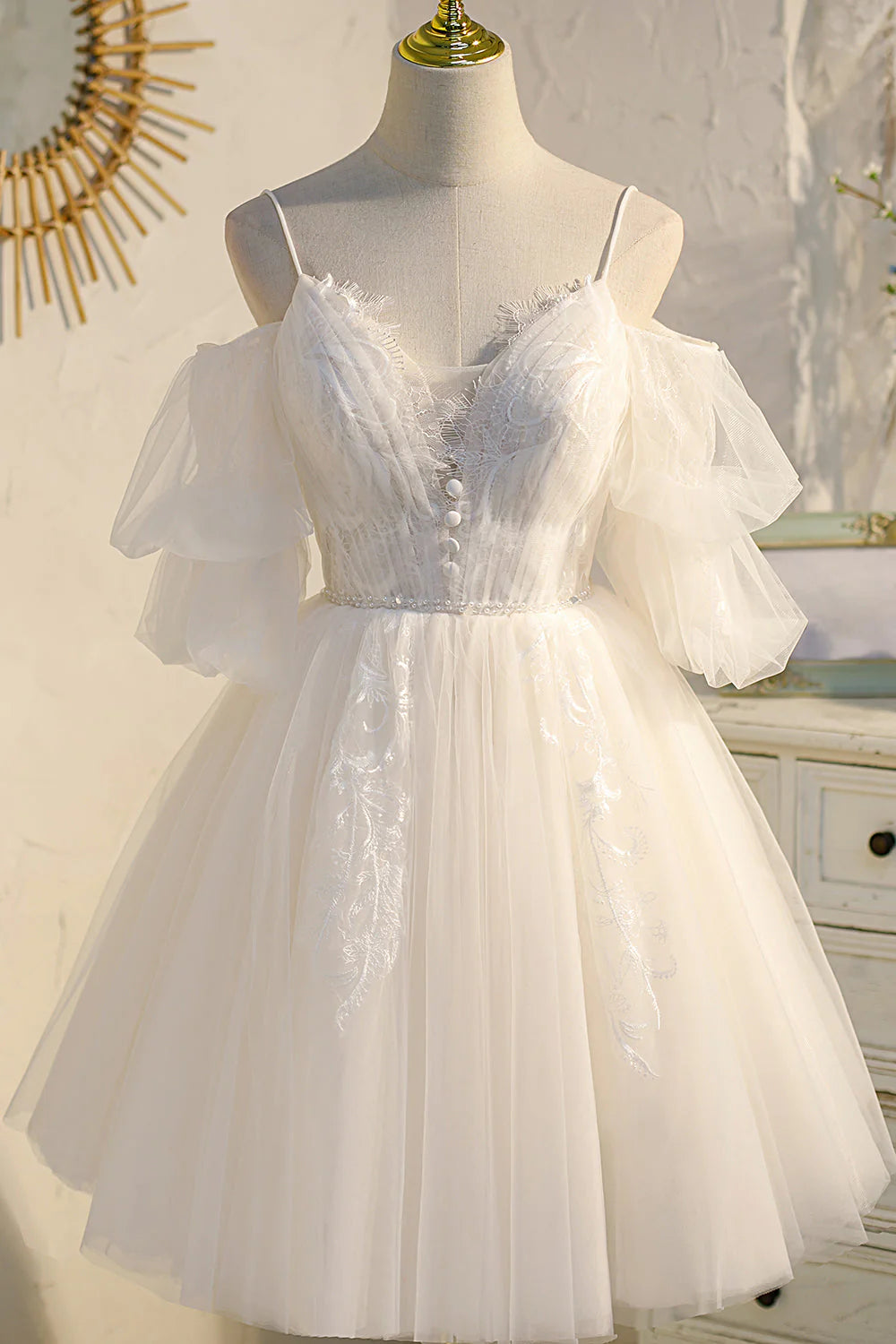 Elegant A-Line Off-the-Shoulder Tulle White Mini Homecoming Dress