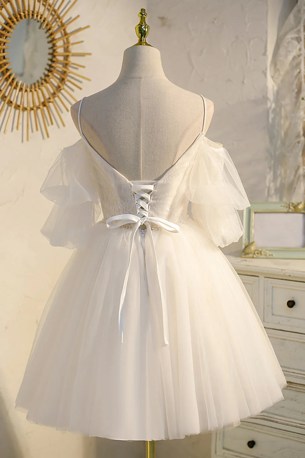 Elegant A-Line Off-the-Shoulder Tulle White Mini Homecoming Dress