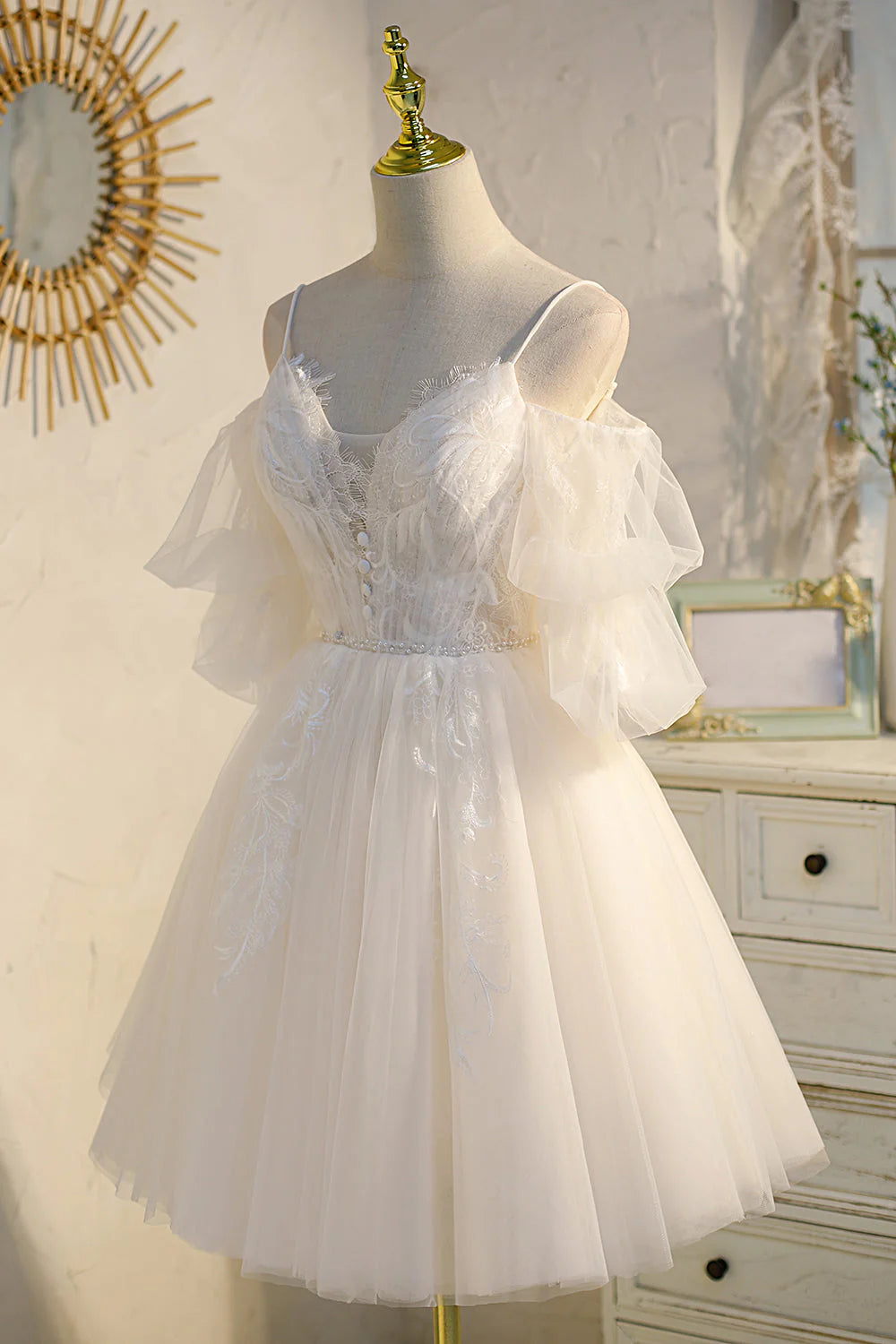 Elegant A-Line Off-the-Shoulder Tulle White Mini Homecoming Dress
