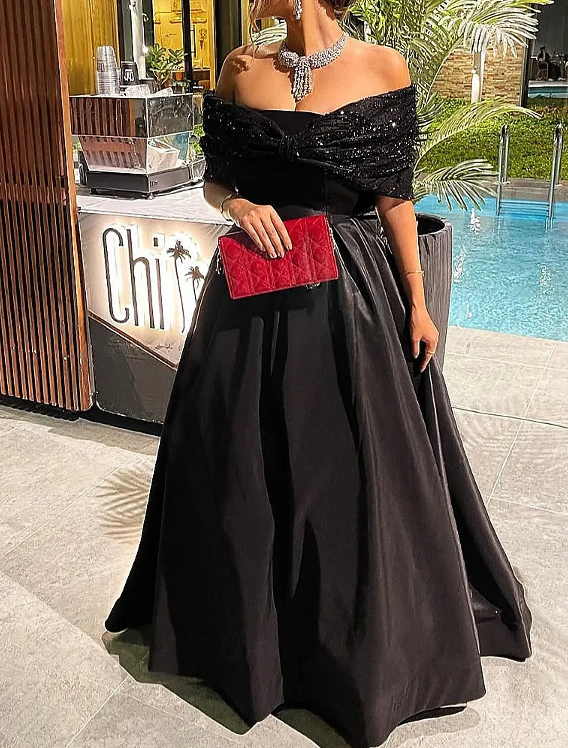 Elegant A-Line Off Shoulder Sequin Bow Navy Blue Floor Length Evening Dress For Sale