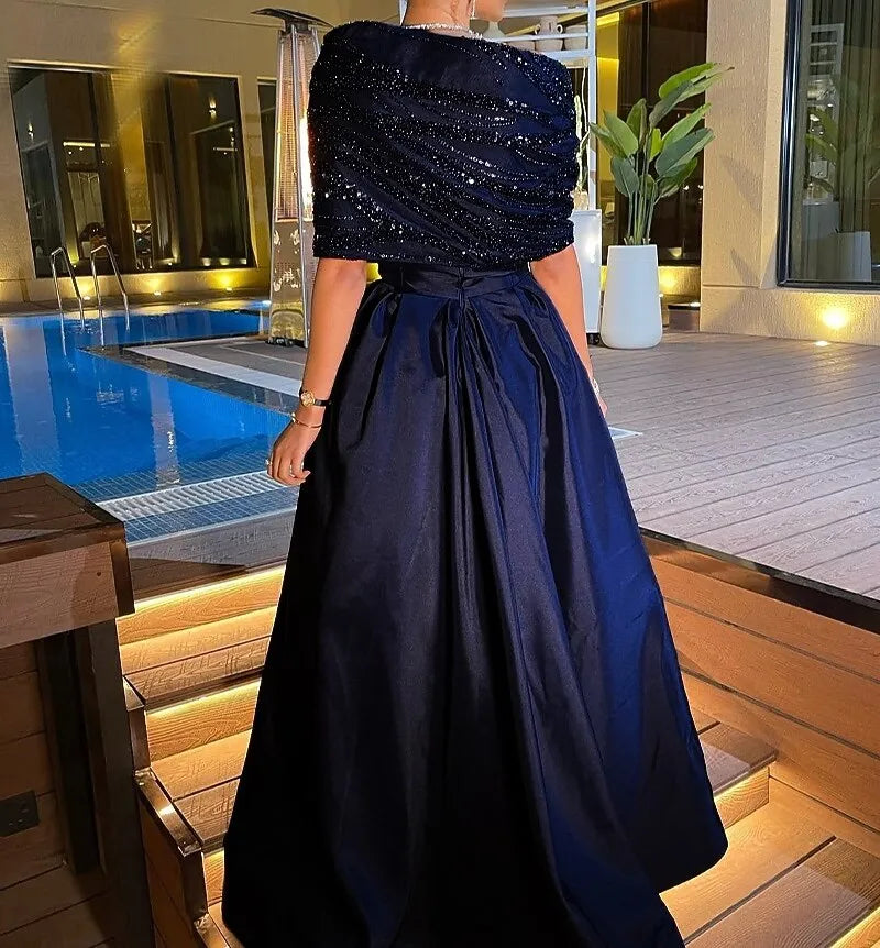 Elegant A-Line Off Shoulder Sequin Bow Navy Blue Floor Length Evening Dress For Sale