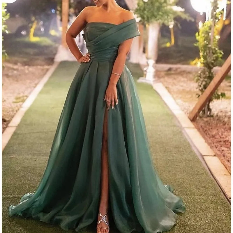 Elegant A-Line Off Shoulder Bow Slit Emerald Green Floor Length Prom Dress For Sale