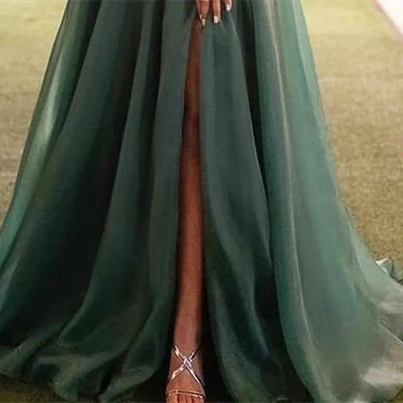 Elegant A-Line Off Shoulder Bow Slit Emerald Green Floor Length Prom Dress For Sale