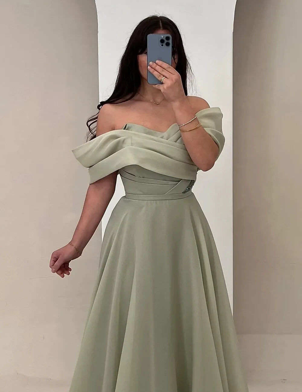 Elegant A-Line Off Shoulder Ruched Sage Floor Length Prom Dress Ready To Ship