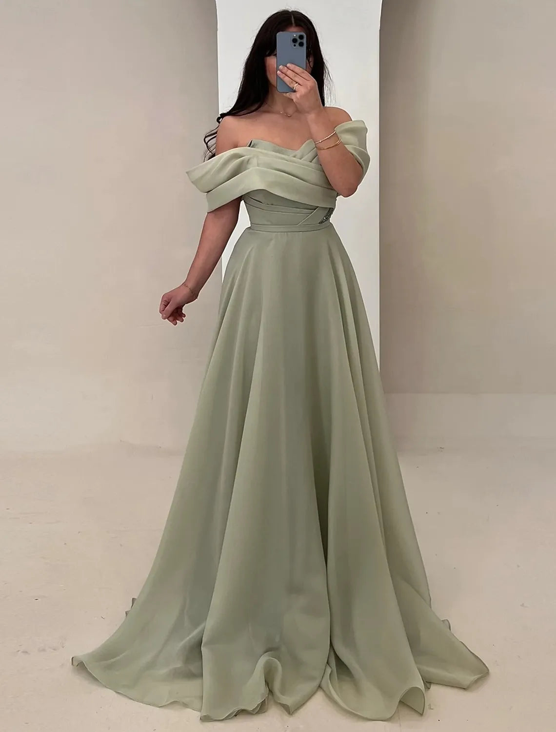 Elegant A-Line Off Shoulder Ruched Sage Floor Length Prom Dress Ready To Ship
