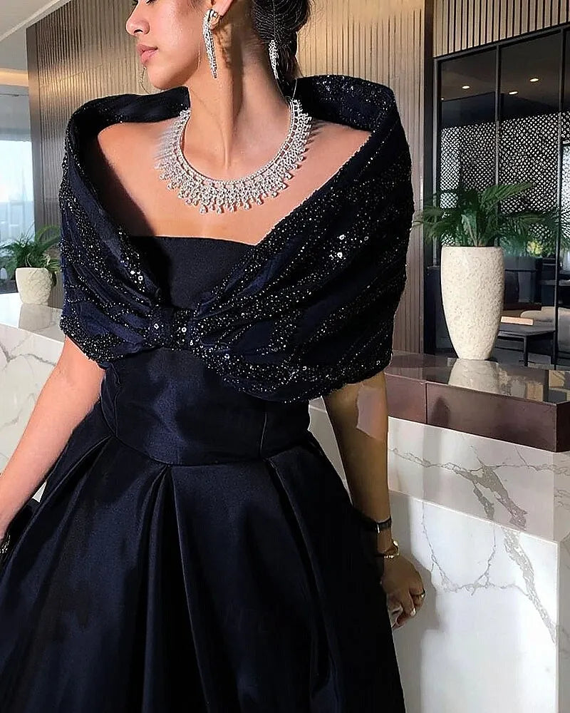 Elegant A-Line Off Shoulder Sequin Bow Navy Blue Floor Length Evening Dress For Sale