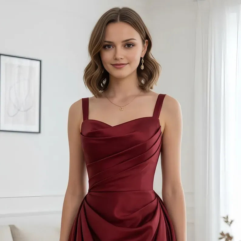 Elegant A-Line Red Square Neck Sleeveless Satin Lace-Up Back Sweep/Brush Train Prom Dress