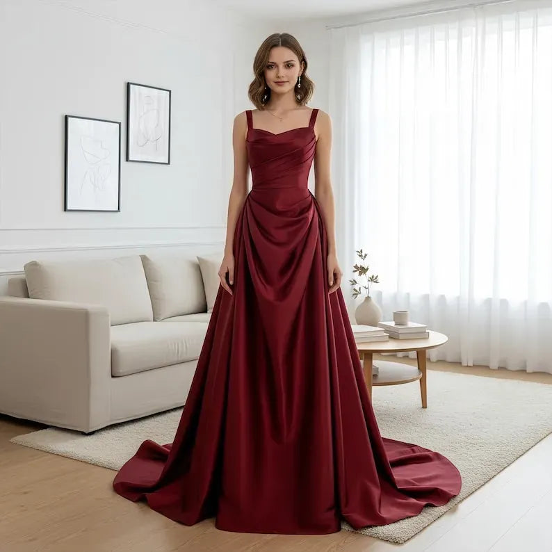 Elegant A-Line Red Square Neck Sleeveless Satin Lace-Up Back Sweep/Brush Train Prom Dress