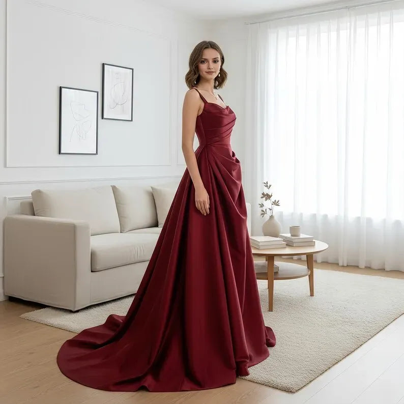 Elegant A-Line Red Square Neck Sleeveless Satin Lace-Up Back Sweep/Brush Train Prom Dress