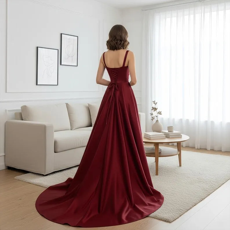 Elegant A-Line Red Square Neck Sleeveless Satin Lace-Up Back Sweep/Brush Train Prom Dress