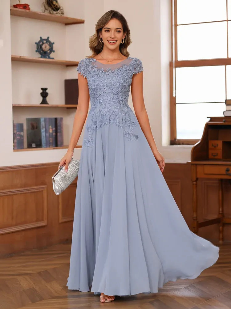Elegant A-Line Round Neck Cap Sleeve V-Back Floor-Length Lace Mother of the Bride Dresses with Applique