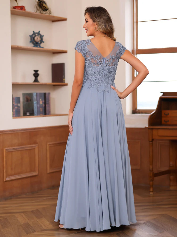 Elegant A-Line Round Neck Cap Sleeve V-Back Floor-Length Lace Mother of the Bride Dresses with Applique