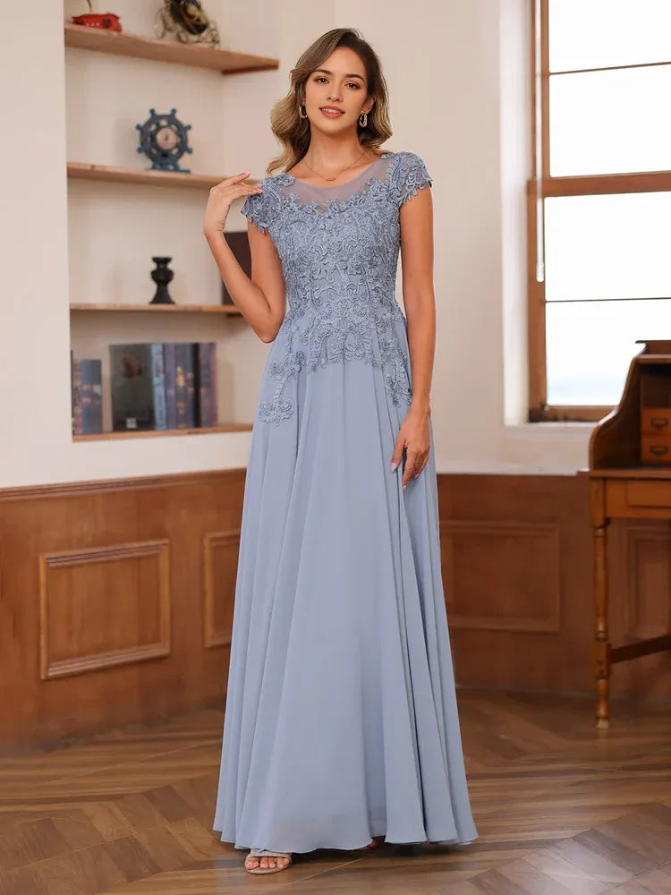Elegant A-Line Round Neck Cap Sleeve V-Back Floor-Length Lace Mother of the Bride Dresses with Applique