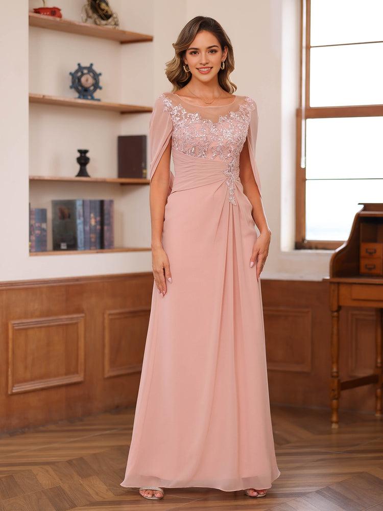 Elegant A-Line Round Neck Cape Sleeve Keyhole Back Floor-Length Appliques Ruched Mother of the Bride Dresses