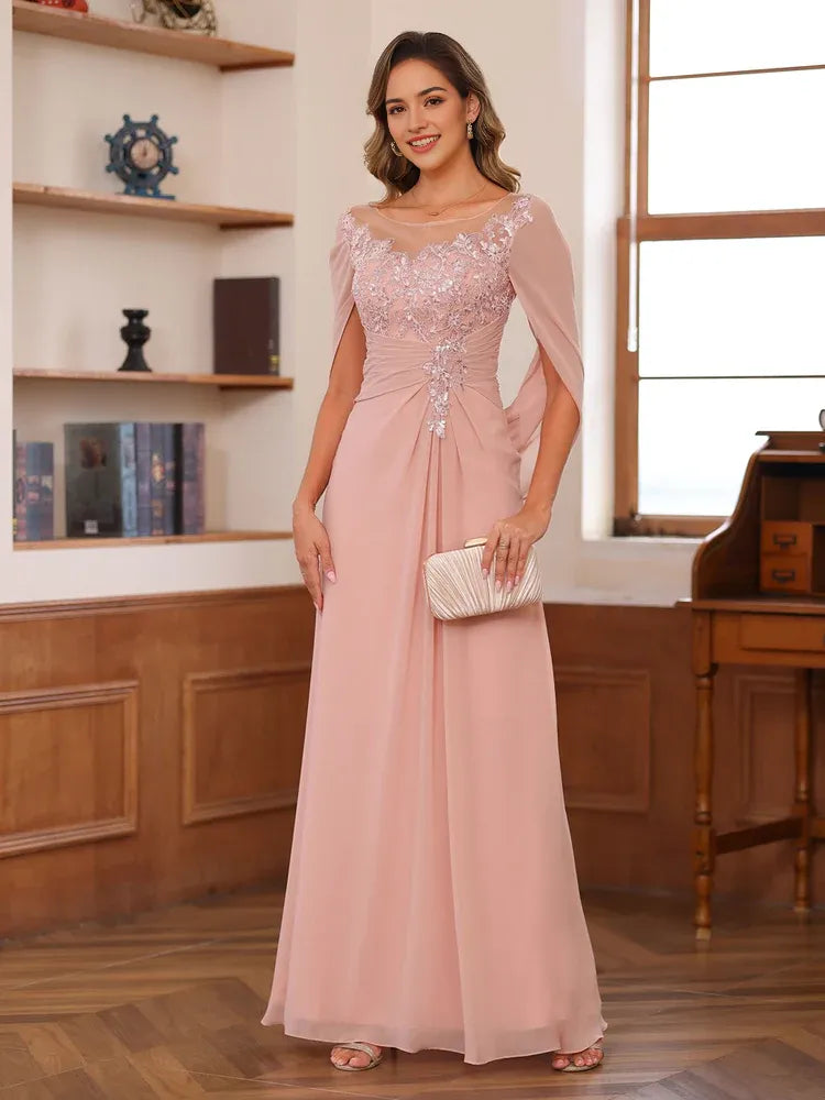 Elegant A-Line Round Neck Cape Sleeve Keyhole Back Floor-Length Appliques Ruched Mother of the Bride Dresses