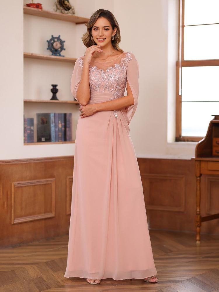 Elegant A-Line Round Neck Cape Sleeve Keyhole Back Floor-Length Appliques Ruched Mother of the Bride Dresses