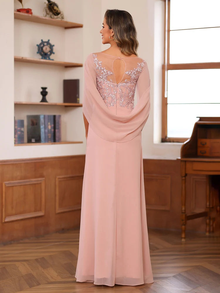 Elegant A-Line Round Neck Cape Sleeve Keyhole Back Floor-Length Appliques Ruched Mother of the Bride Dresses