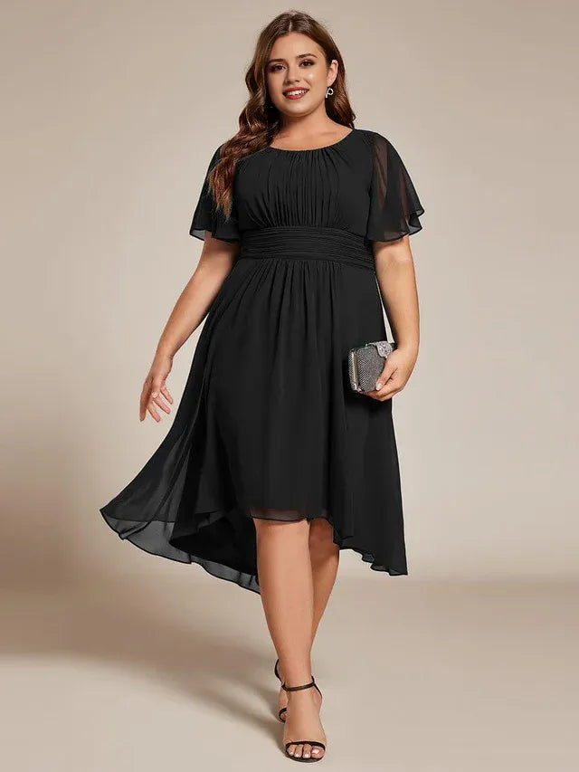 Elegant A-Line Round Neck Flutter Sleeve Back Zip Pleated Chiffon Knee -Length Plus-Size Prom Dresses ﻿