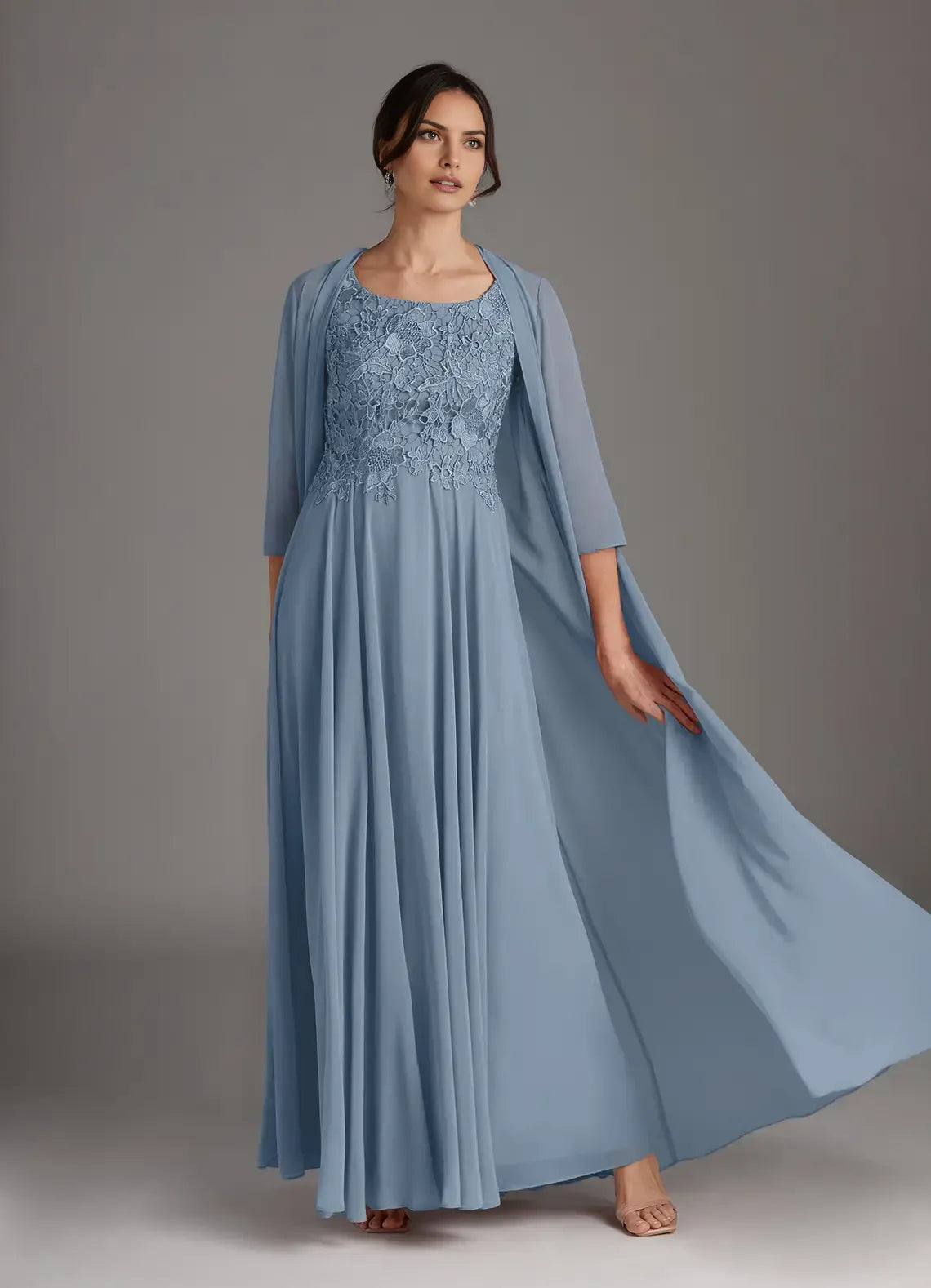 Elegant A-Line Scoop Neck Three-Quarter Sleeve Lace Back Zip Floor-Length Formal Mother of the Bride Dress With Jacket