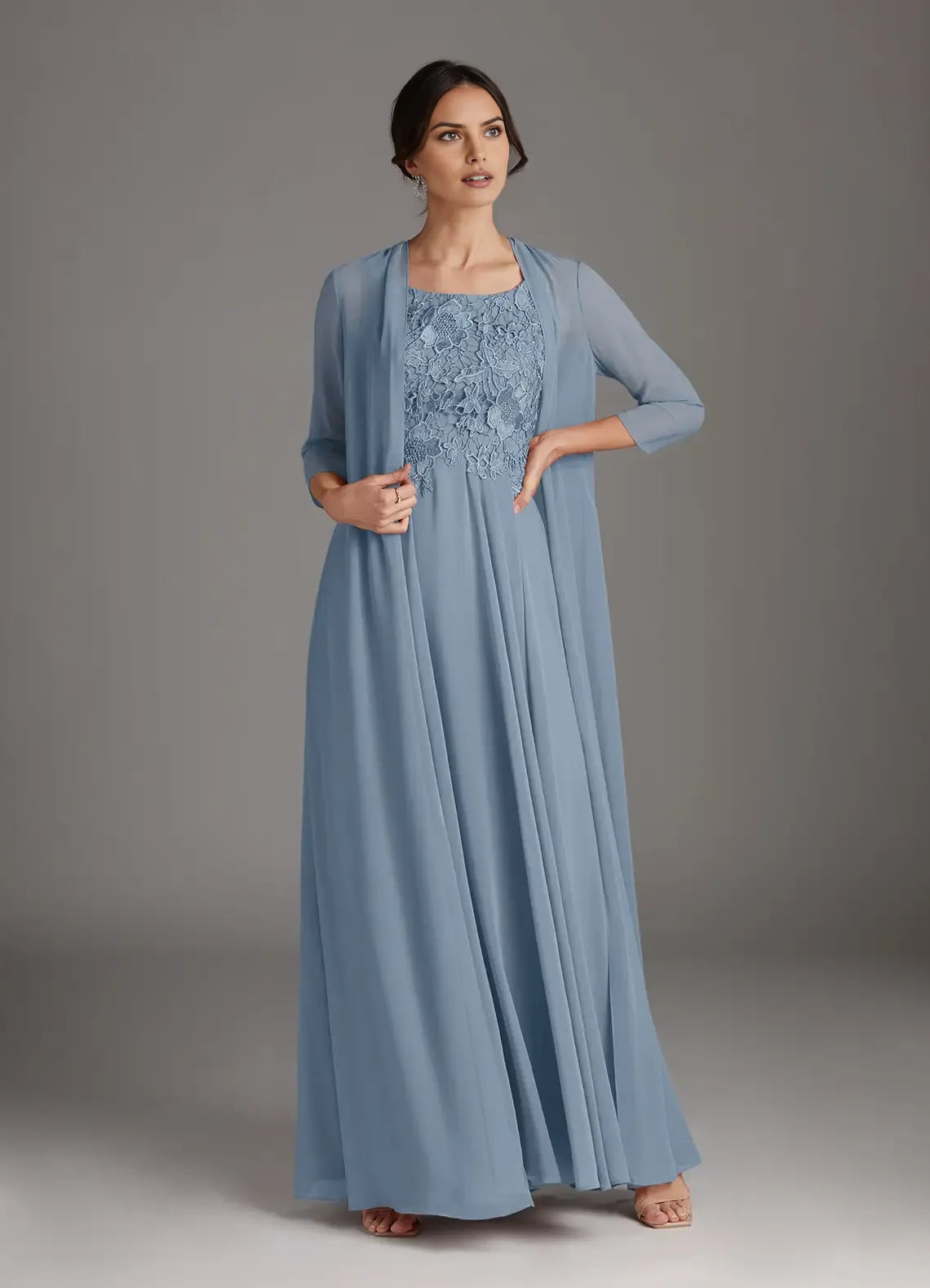 Elegant A-Line Scoop Neck Three-Quarter Sleeve Lace Back Zip Floor-Length Formal Mother of the Bride Dress With Jacket
