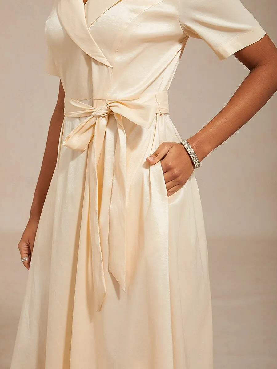 Elegant A-Line Shawl Collar Short Sleeve Satin Champagne Midi Prom Dress For Women Hot Sale