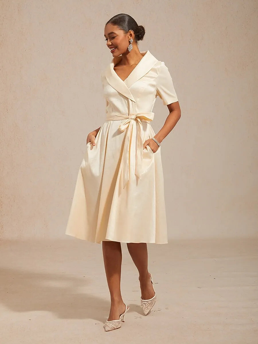 Elegant A-Line Shawl Collar Short Sleeve Satin Champagne Midi Prom Dress For Women Hot Sale