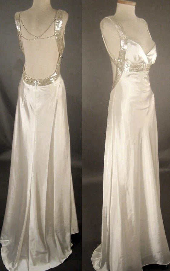 Elegant A-Line Sleeveless Beaded White Satin Maxi Prom Dress