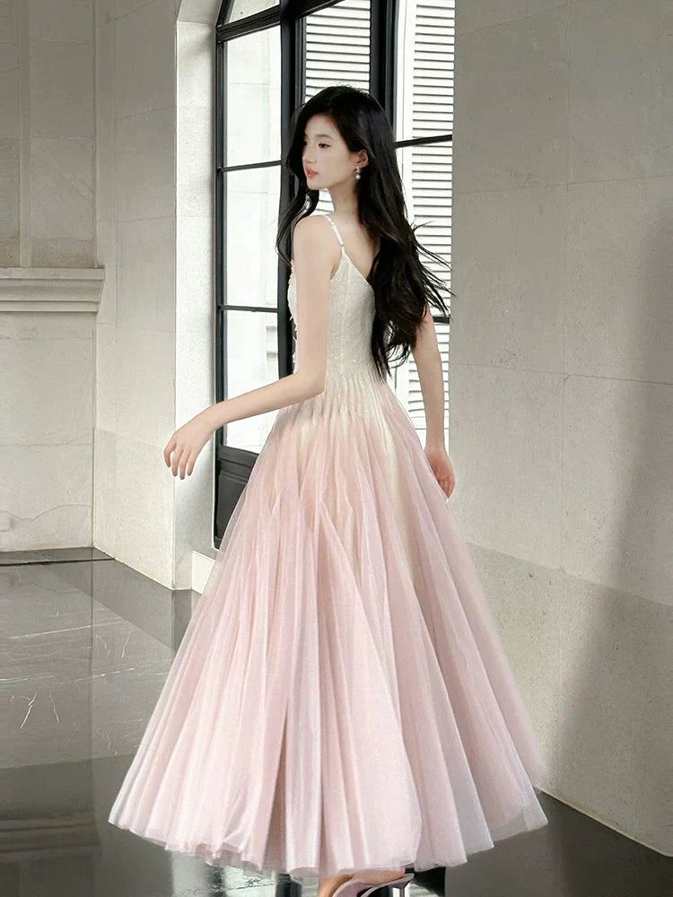 Elegant A-Line Spaghetti Strap Embroidered Blush Tulle Maxi Prom Dress
