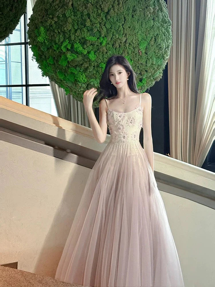 Elegant A-Line Spaghetti Strap Embroidered Blush Tulle Maxi Prom Dress