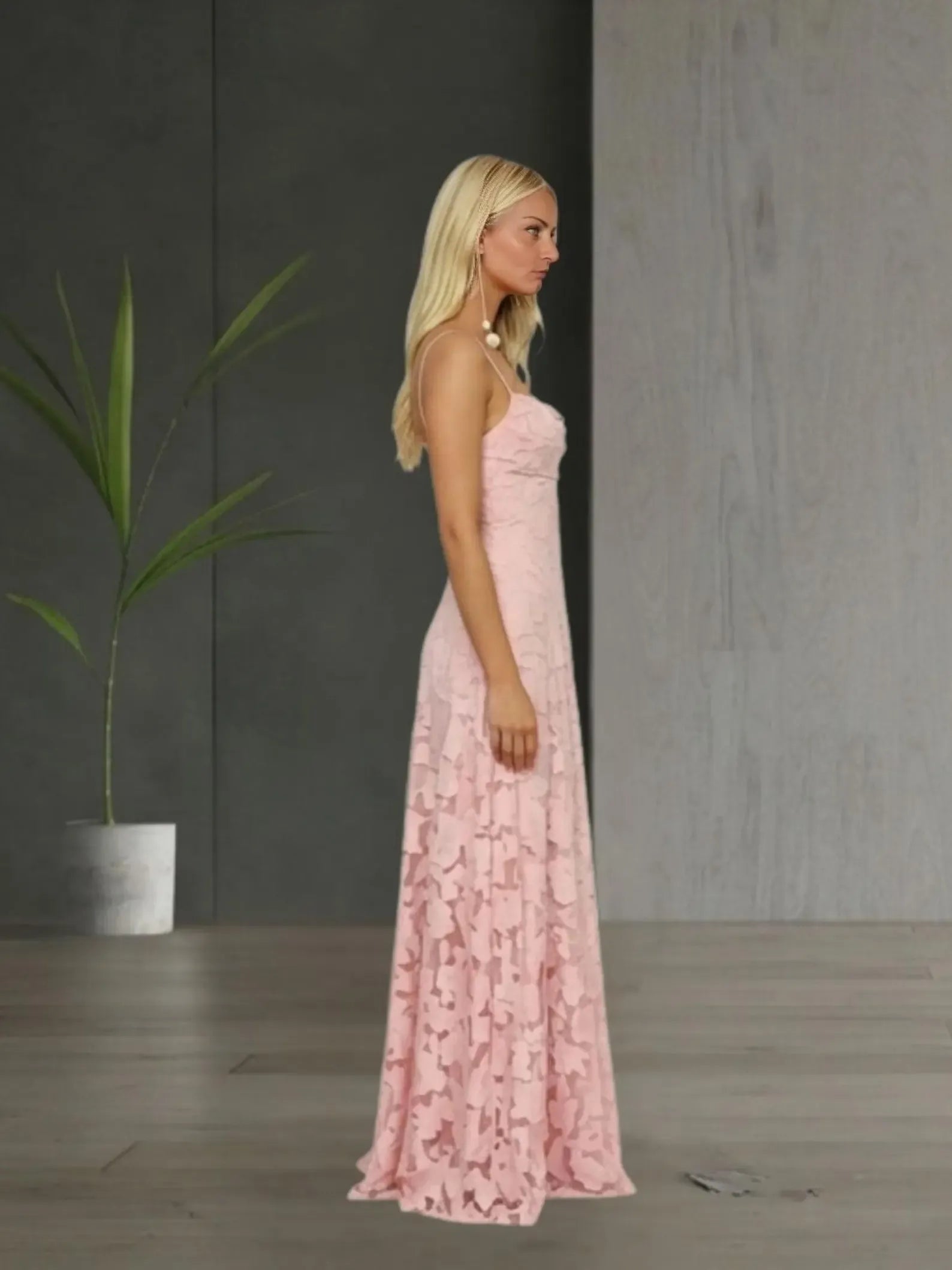 Elegant A-Line Spaghetti Strap Floral Lace Blush Floor Length Prom Dress