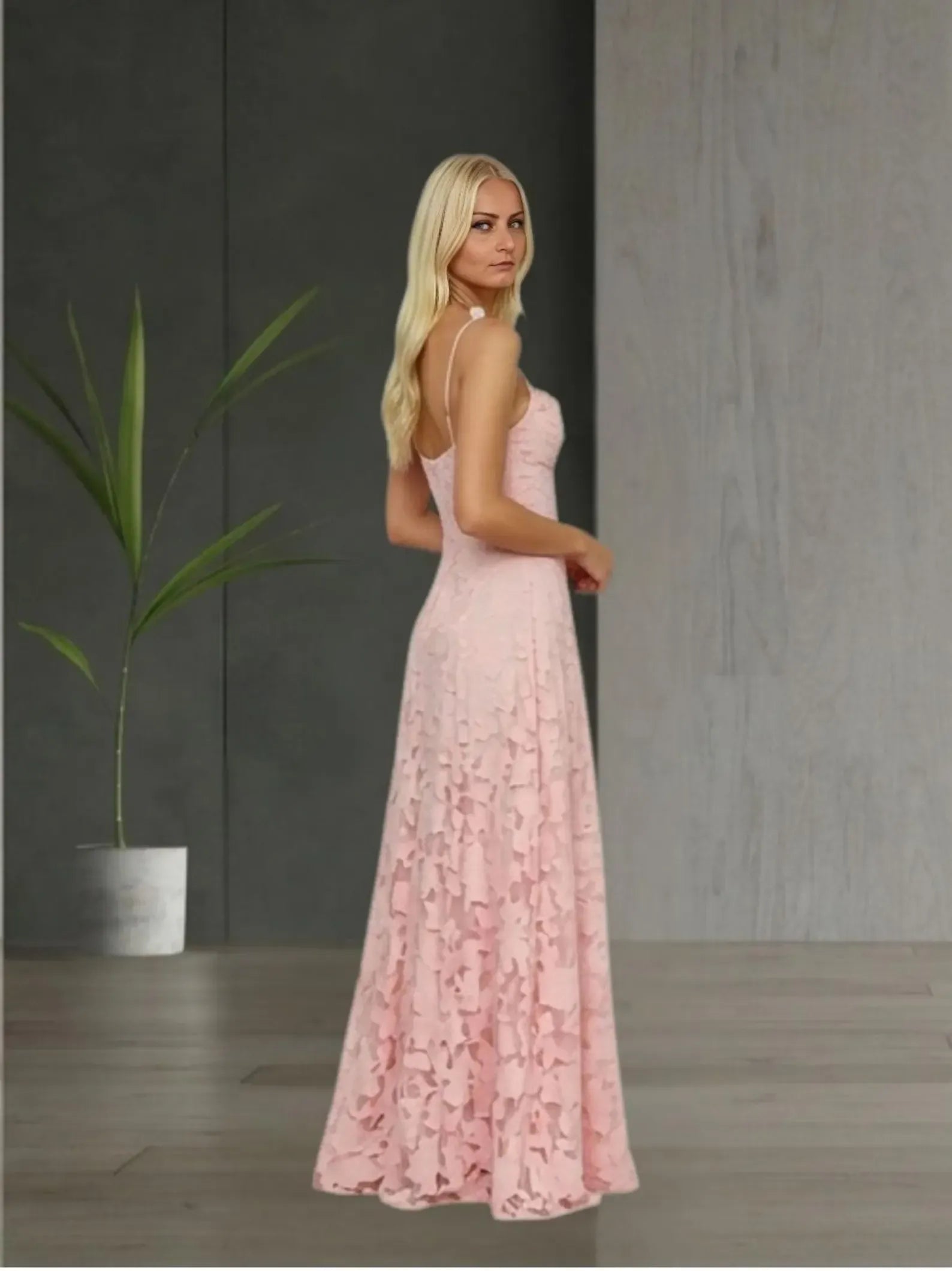 Elegant A-Line Spaghetti Strap Floral Lace Blush Floor Length Prom Dress