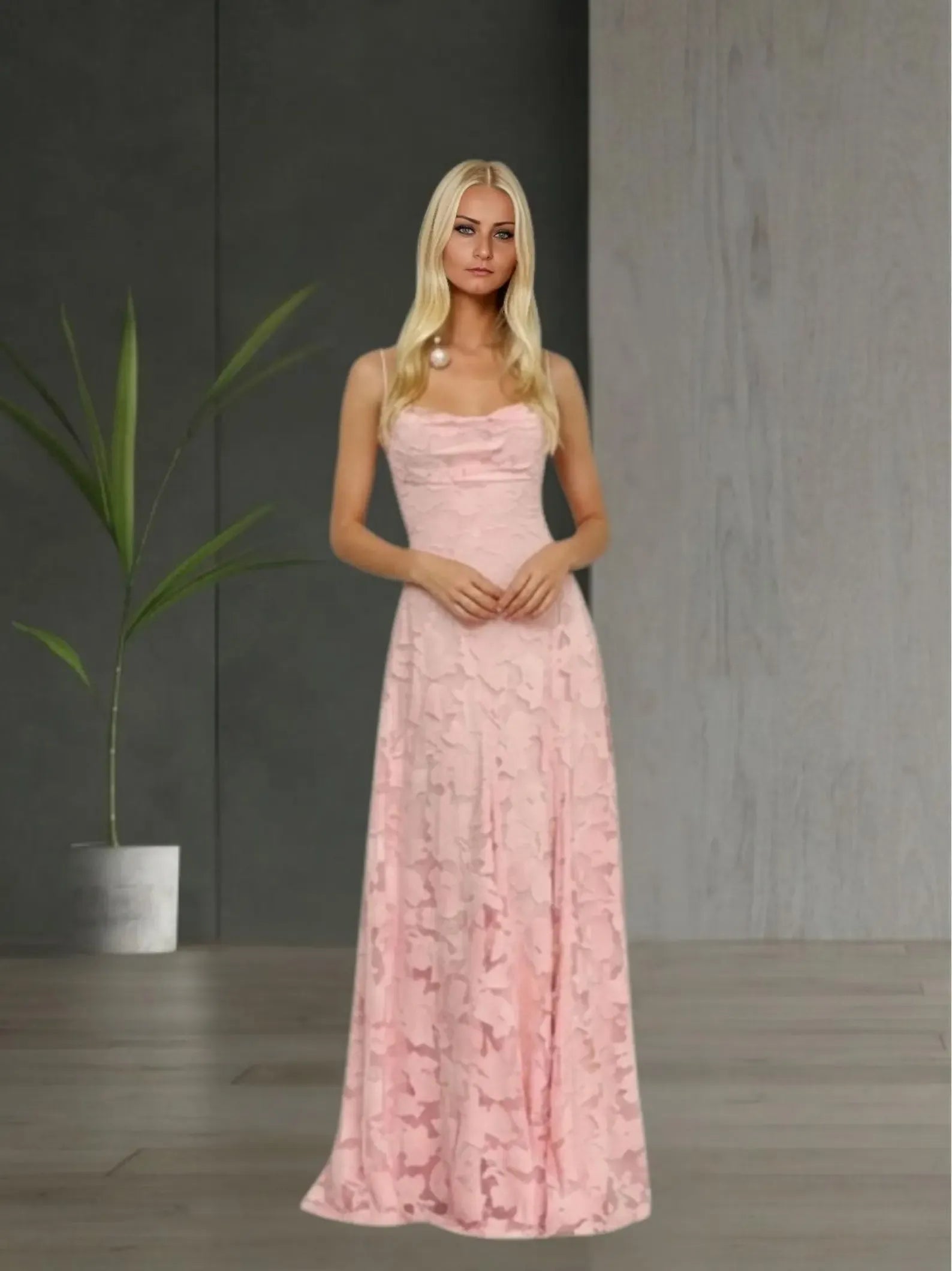 Elegant A-Line Spaghetti Strap Floral Lace Blush Floor Length Prom Dress