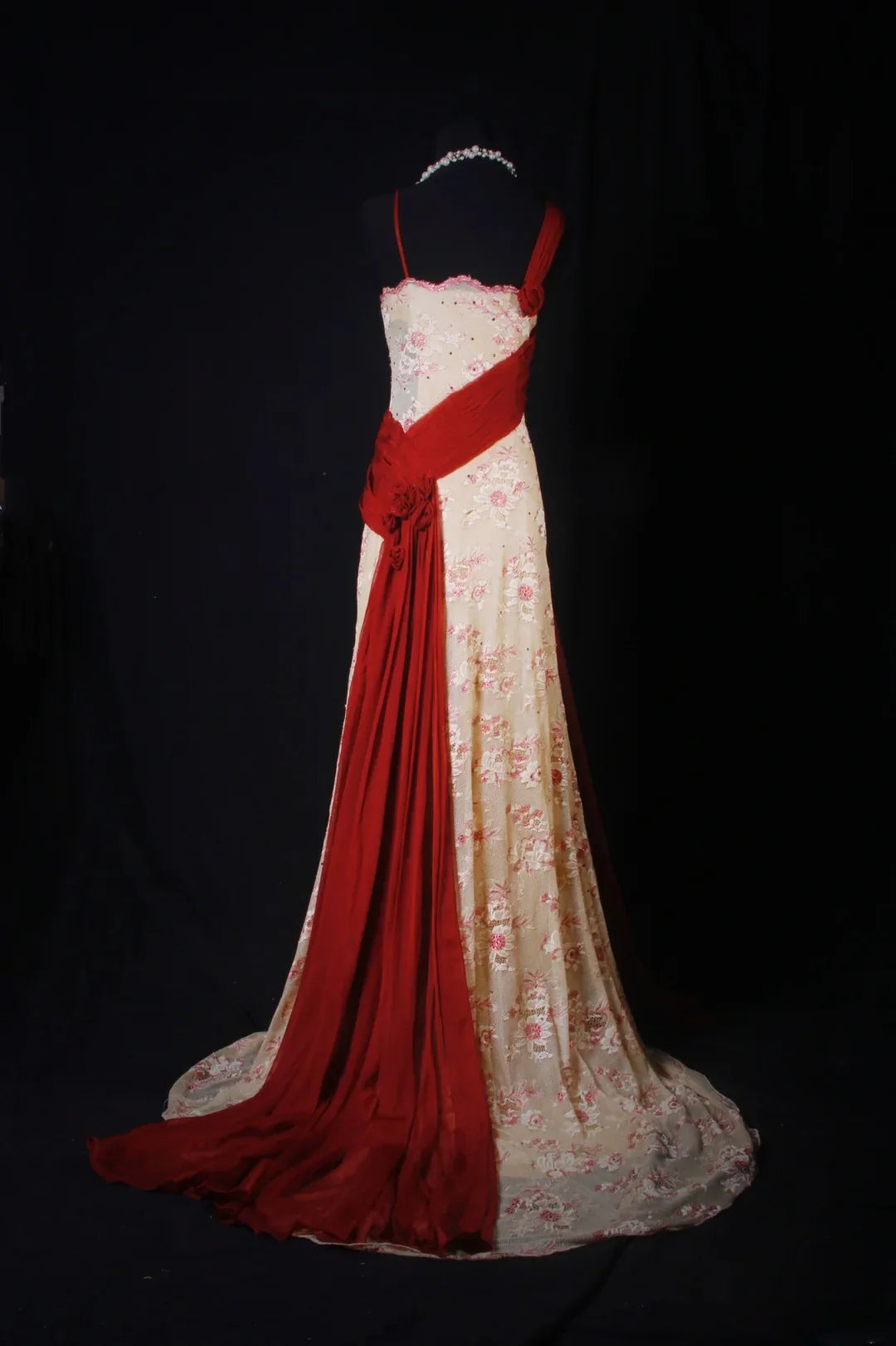 Elegant A-Line Spaghetti Strap Floral Red-Champagne Maxi Prom Dress