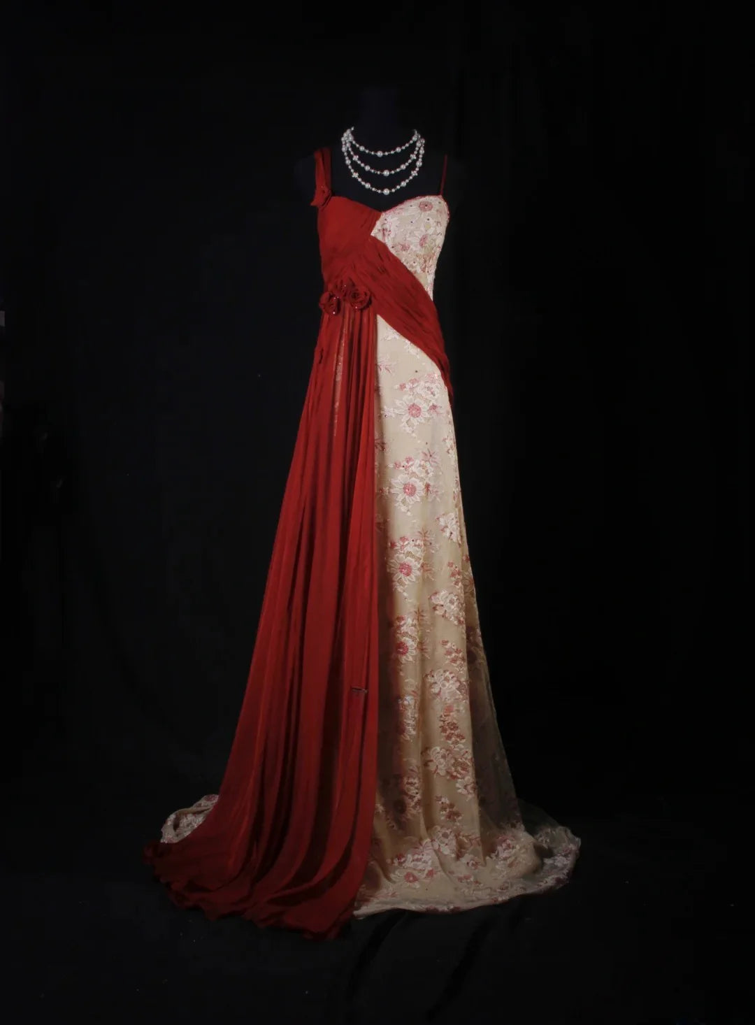 Elegant A-Line Spaghetti Strap Floral Red-Champagne Maxi Prom Dress