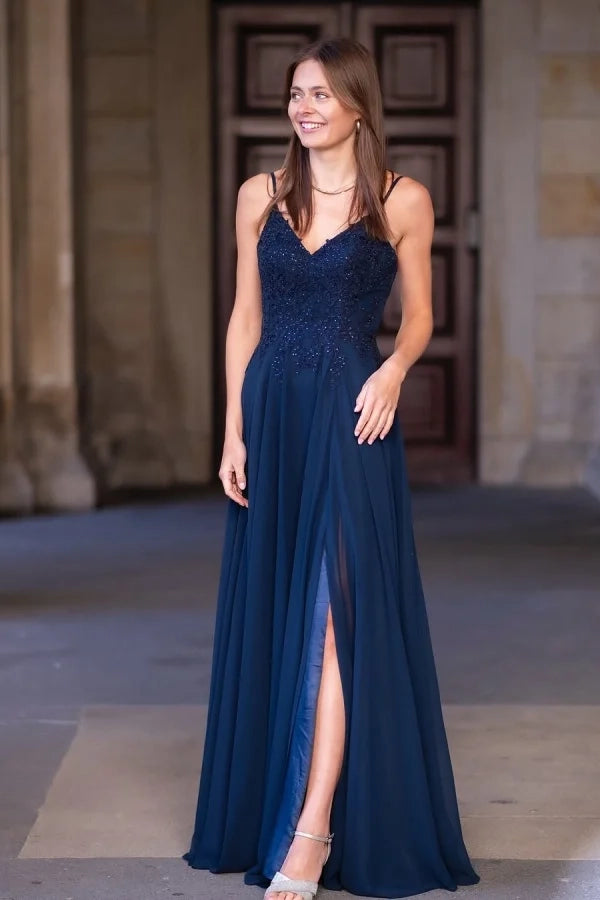 Elegant A-Line Spaghetti Strap Lace Navy Evening Dress