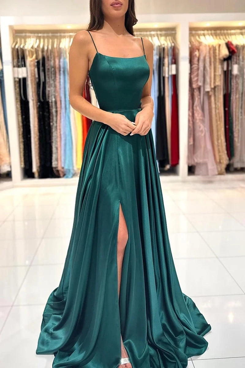 Elegant A-Line Spaghetti Strap Satin Emerald Prom Dress