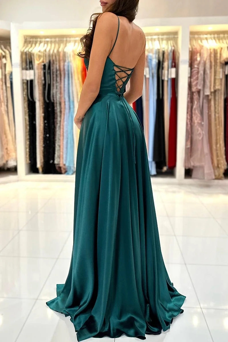 Elegant A-Line Spaghetti Strap Satin Emerald Prom Dress