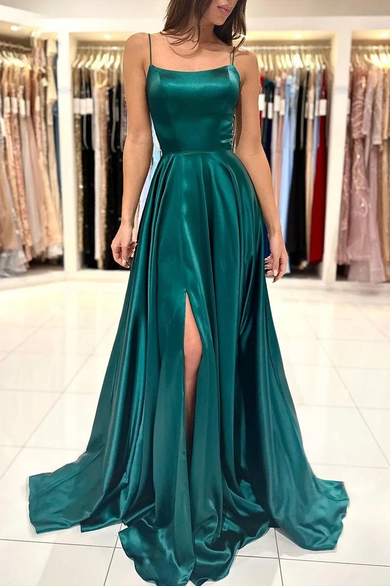 Elegant A-Line Spaghetti Strap Satin Emerald Prom Dress