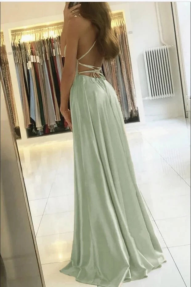 Elegant A-Line Spaghetti Strap Satin Sage Green Prom Dress