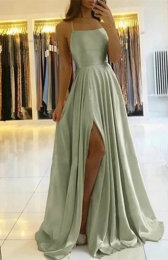 Elegant A-Line Spaghetti Strap Satin Sage Green Prom Dress