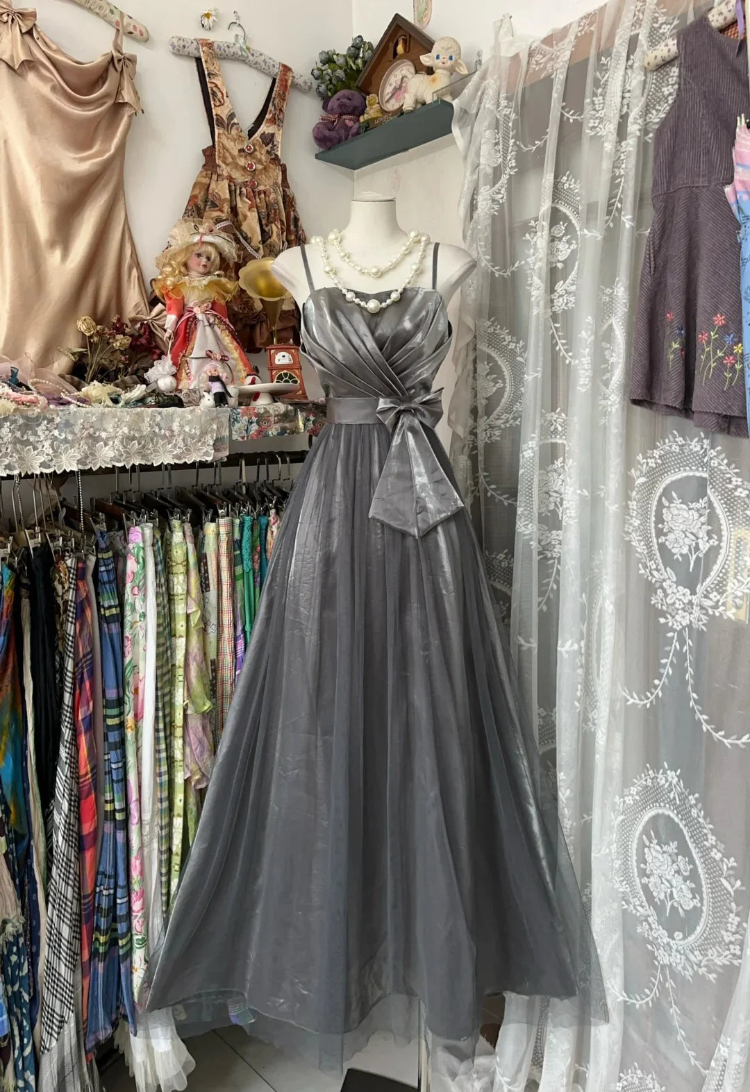 Elegant A-Line Spaghetti Strap Sleeveless Bow Gray Midi Prom Dress