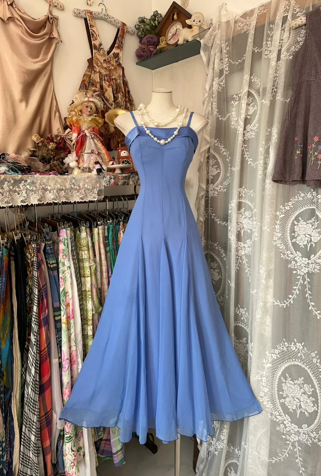 Elegant A-Line Spaghetti Strap Sleeveless Sky Blue Midi Prom Dress