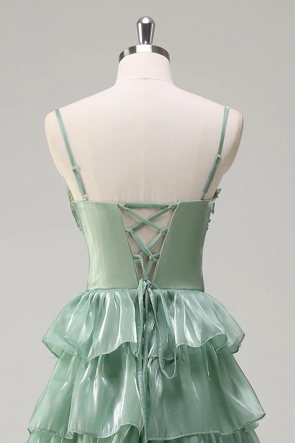 Elegant A-Line Spaghetti Strap Tiered Ruffle Dusty Sage Maxi Prom Dress With Slit
