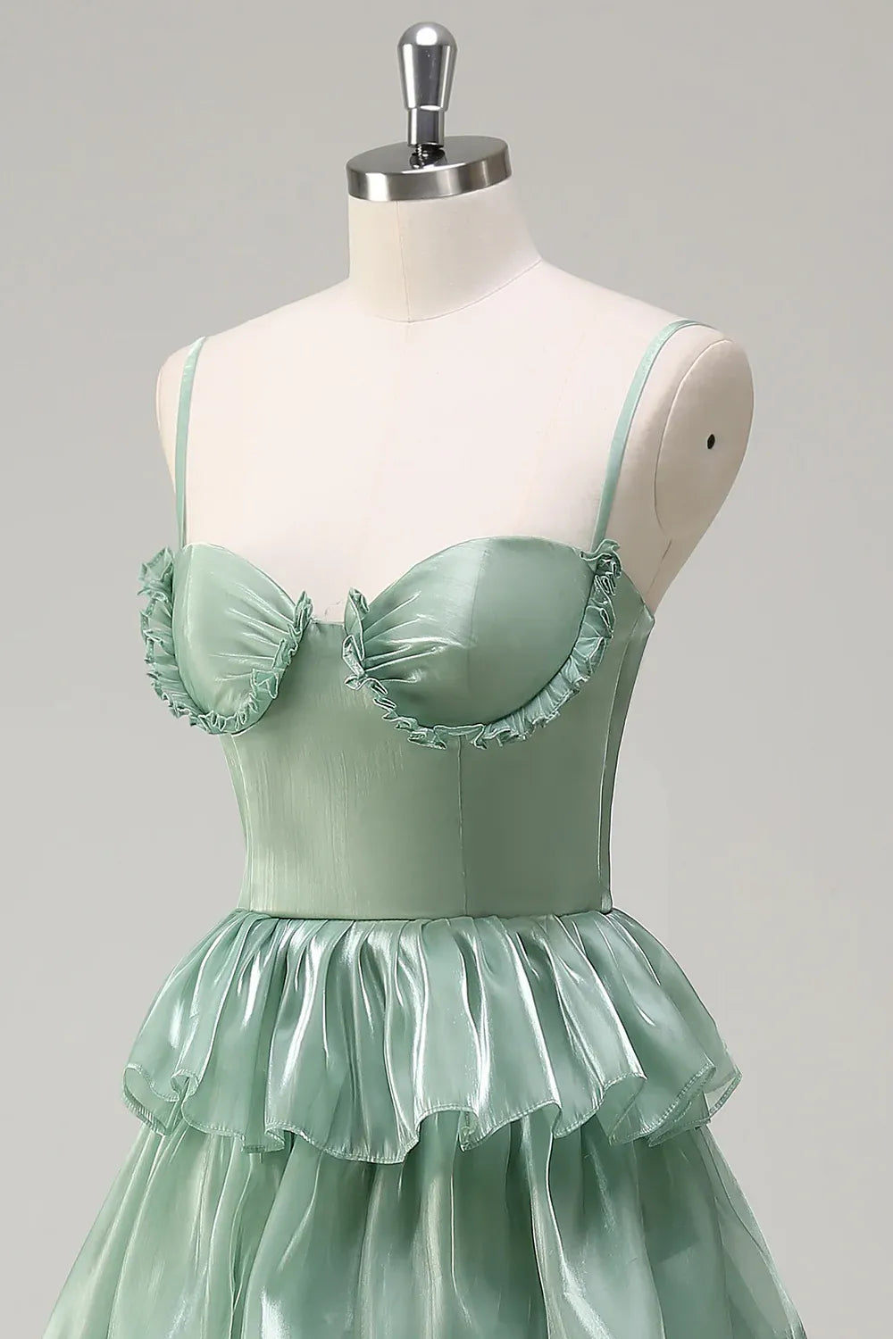 Elegant A-Line Spaghetti Strap Tiered Ruffle Dusty Sage Maxi Prom Dress With Slit